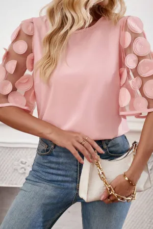 Dusty Pink Contrast Applique Mesh Half Sleeve Blouse