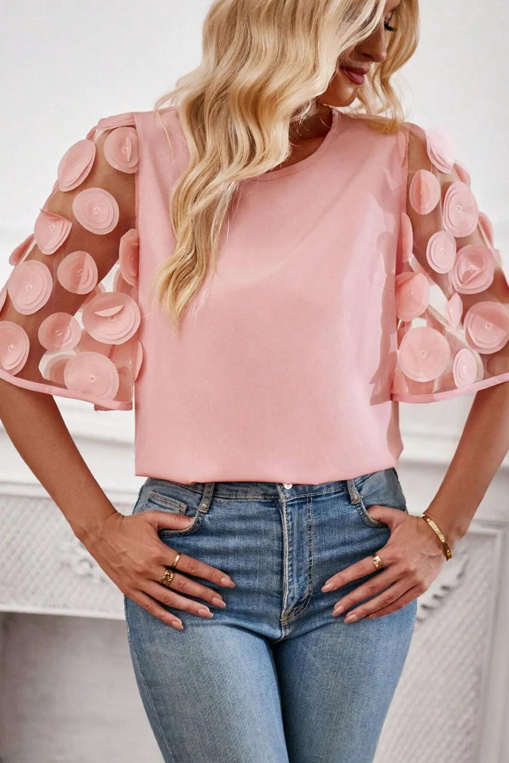 Dusty Pink Contrast Applique Mesh Half Sleeve Blouse