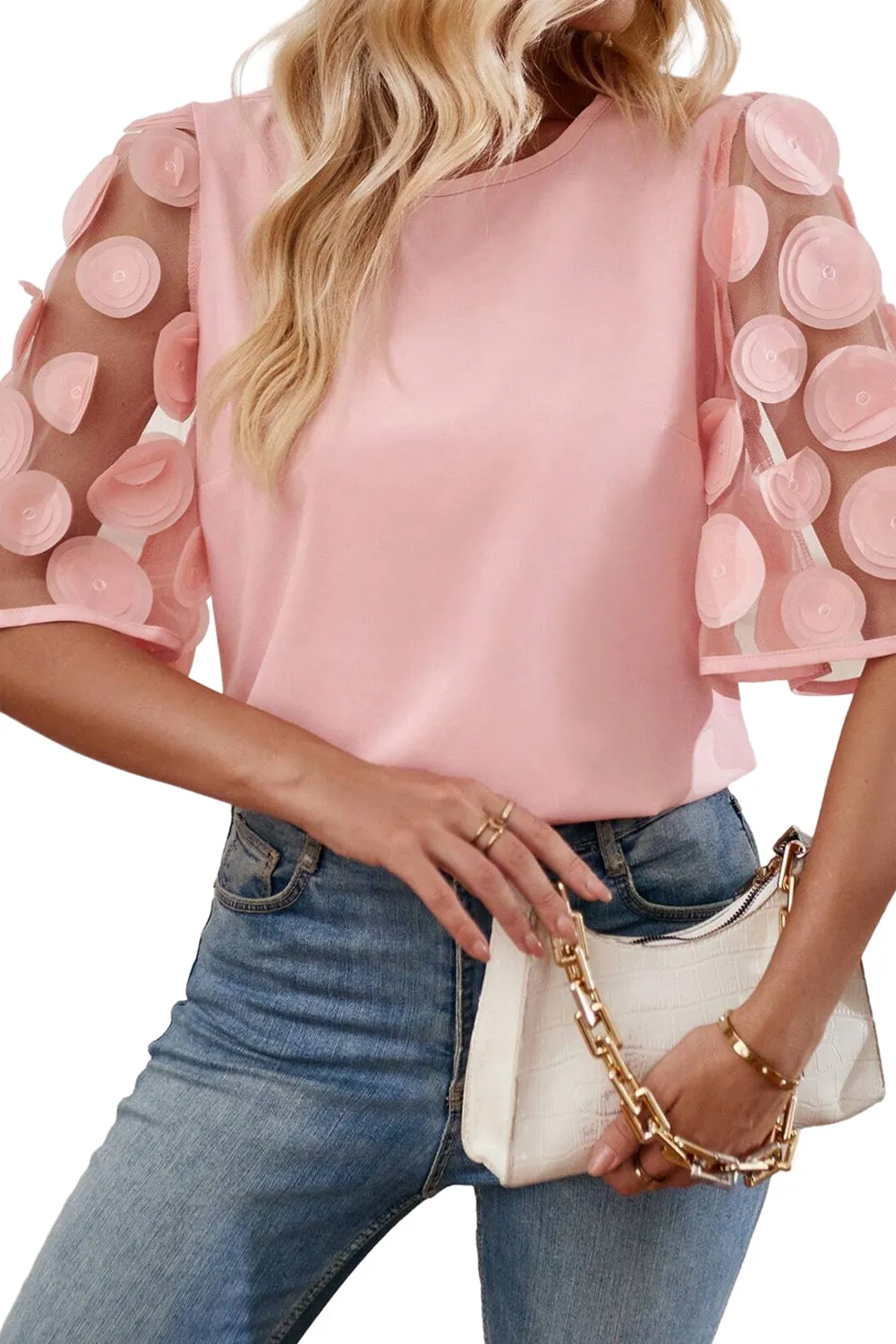 Dusty Pink Contrast Applique Mesh Half Sleeve Blouse