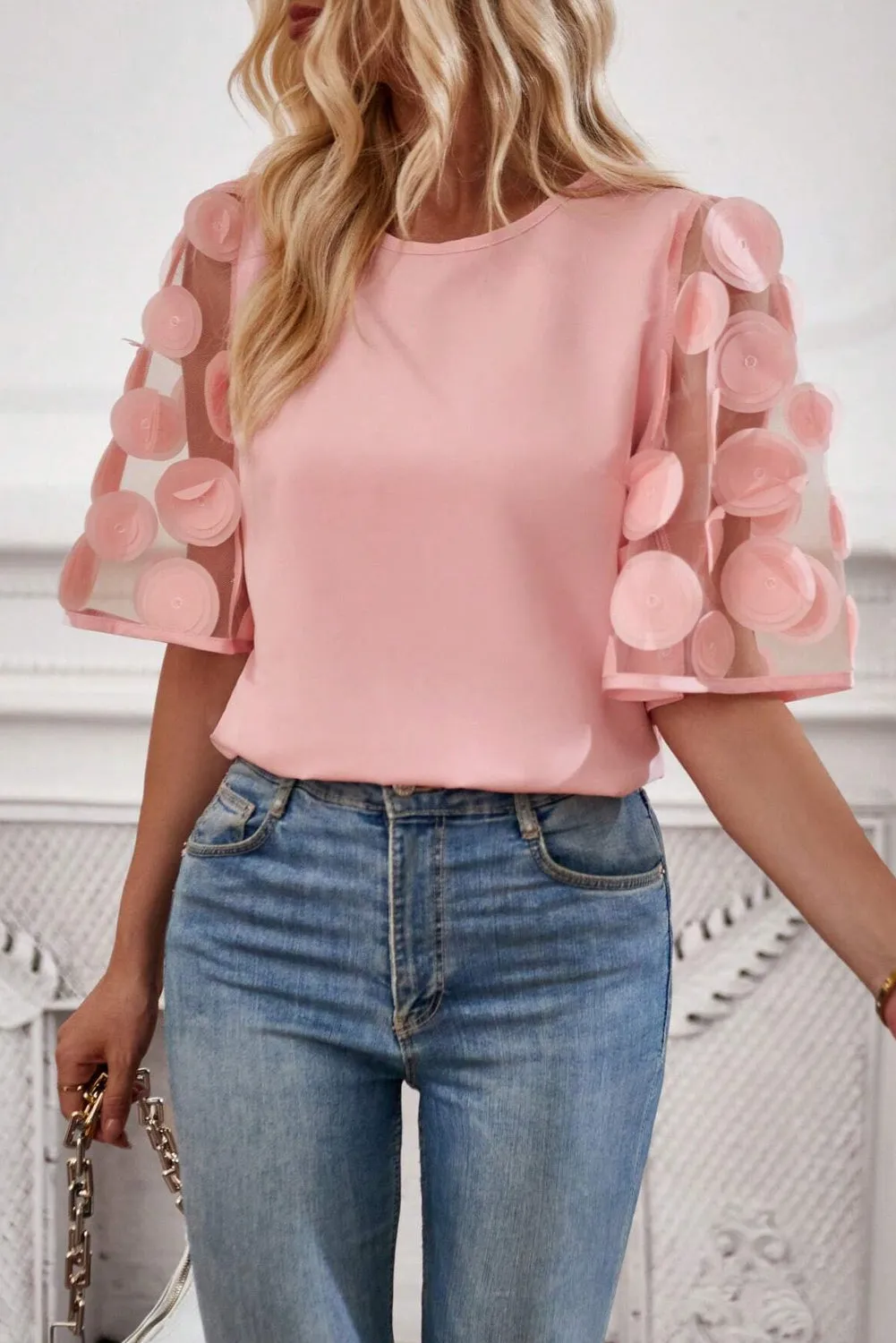 Dusty Pink Contrast Applique Mesh Half Sleeve Blouse