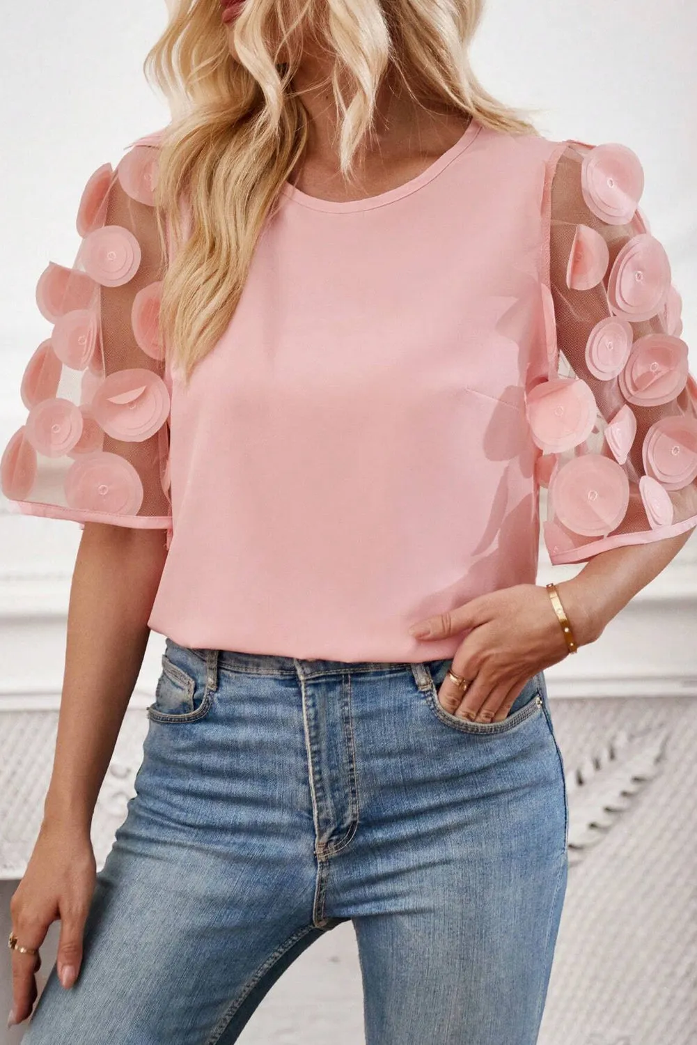 Dusty Pink Contrast Applique Mesh Half Sleeve Blouse