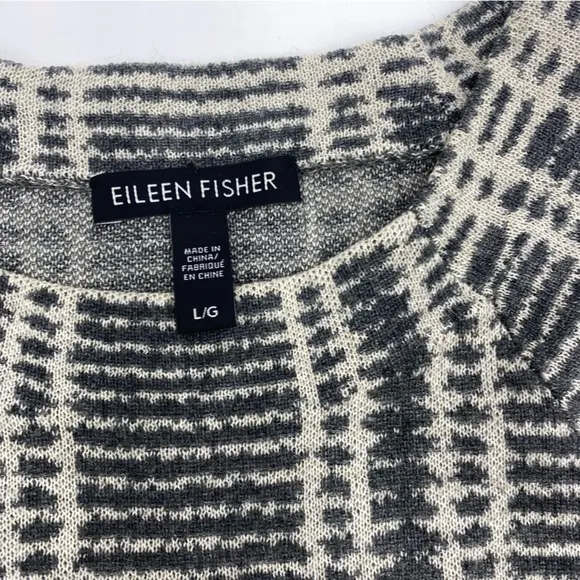 EILEEN FISHER Ash Gray Sleek Tencel Merino Wool Plaid Knit Boxy Sweater Large