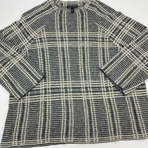 EILEEN FISHER Ash Gray Sleek Tencel Merino Wool Plaid Knit Boxy Sweater Large