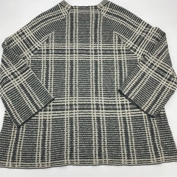 EILEEN FISHER Ash Gray Sleek Tencel Merino Wool Plaid Knit Boxy Sweater Large