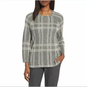 EILEEN FISHER Ash Gray Sleek Tencel Merino Wool Plaid Knit Boxy Sweater Large