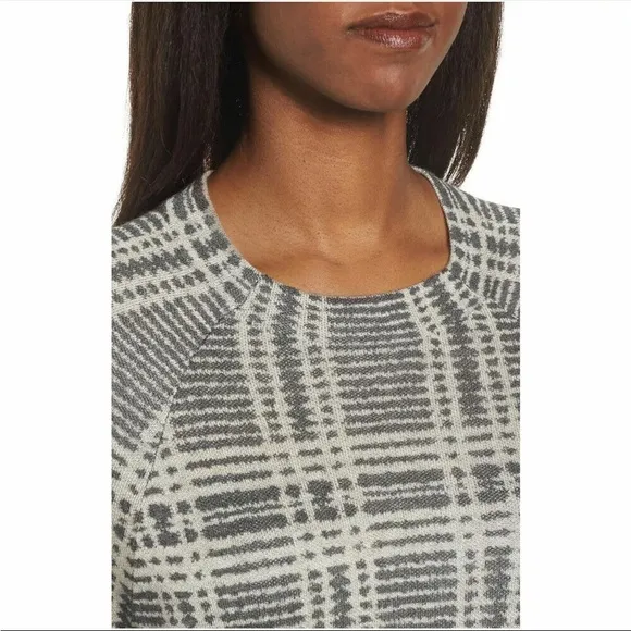 EILEEN FISHER Ash Gray Sleek Tencel Merino Wool Plaid Knit Boxy Sweater Large