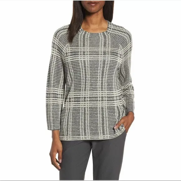 EILEEN FISHER Ash Gray Sleek Tencel Merino Wool Plaid Knit Boxy Sweater Large