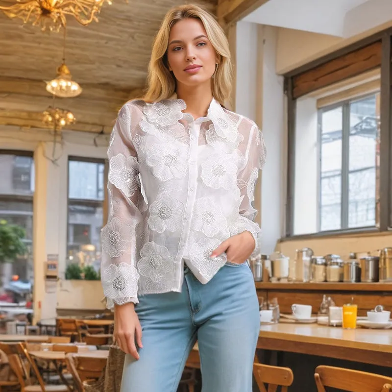 Elegant Sheer Floral Embroidered Button-Up Mesh Shirt for Timeless Sophistication
