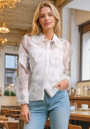 Elegant Sheer Floral Embroidered Button-Up Mesh Shirt for Timeless Sophistication