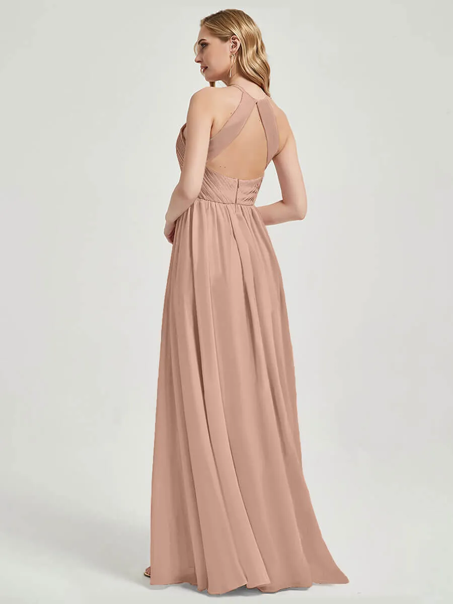 English Rose Halter Pleated Keyhole Back Chiffon Bridesmaid Dress
