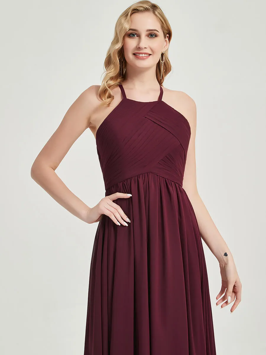 English Rose Halter Pleated Keyhole Back Chiffon Bridesmaid Dress