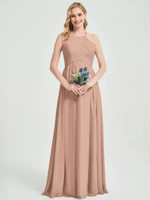 English Rose Halter Pleated Keyhole Back Chiffon Bridesmaid Dress