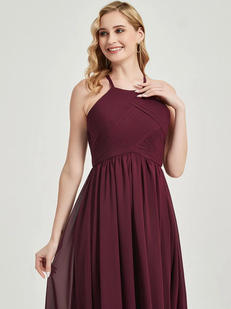 English Rose Halter Pleated Keyhole Back Chiffon Bridesmaid Dress