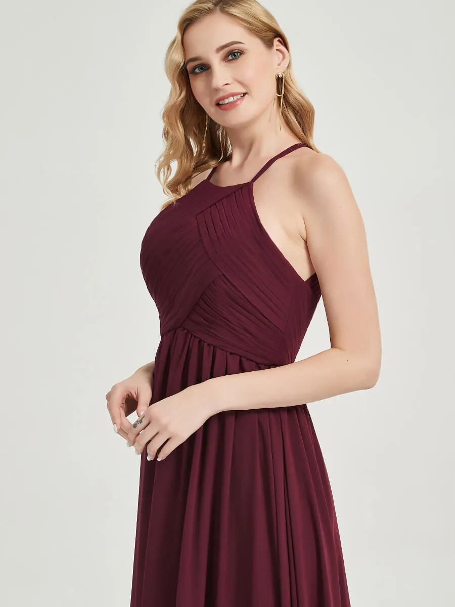 English Rose Halter Pleated Keyhole Back Chiffon Bridesmaid Dress
