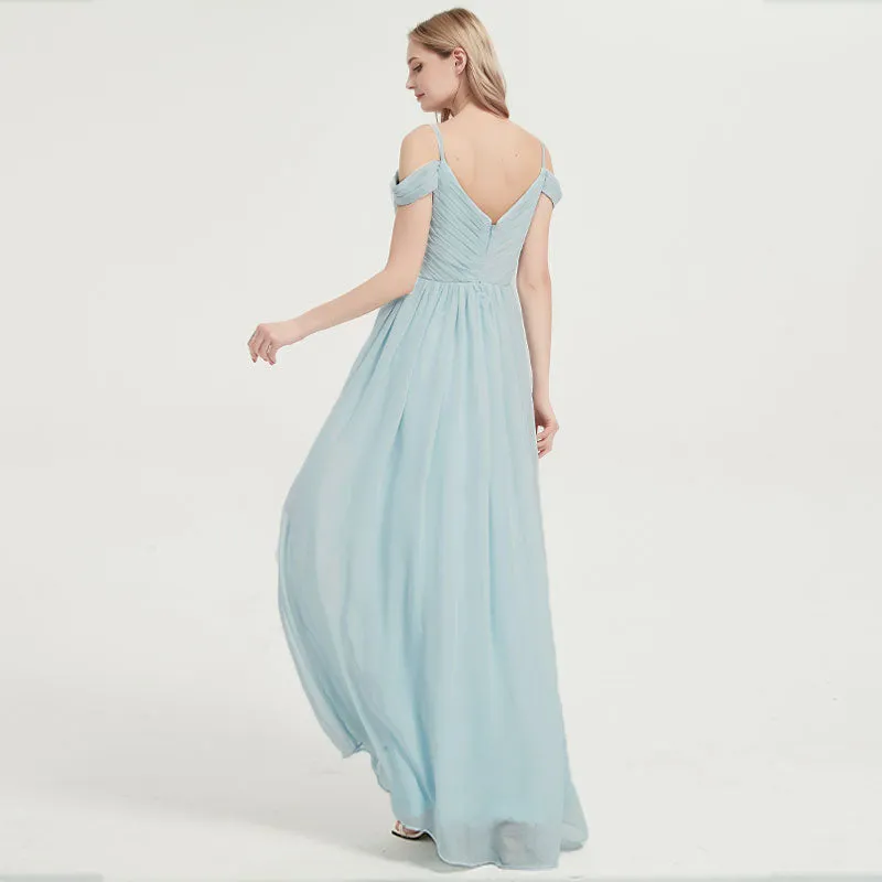 Eucalyptus Spaghetti Straps Pleated Chiffon Maxi Bridesmaid Dress