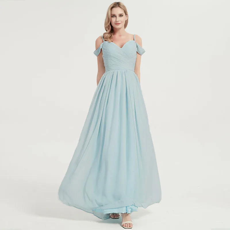 Eucalyptus Spaghetti Straps Pleated Chiffon Maxi Bridesmaid Dress