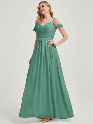 Eucalyptus Spaghetti Straps Pleated Chiffon Maxi Bridesmaid Dress