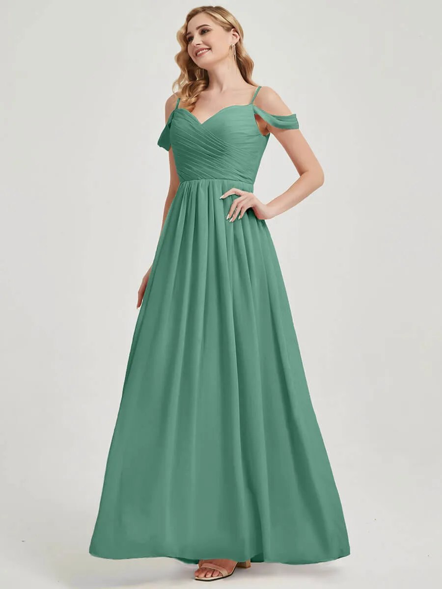 Eucalyptus Spaghetti Straps Pleated Chiffon Maxi Bridesmaid Dress