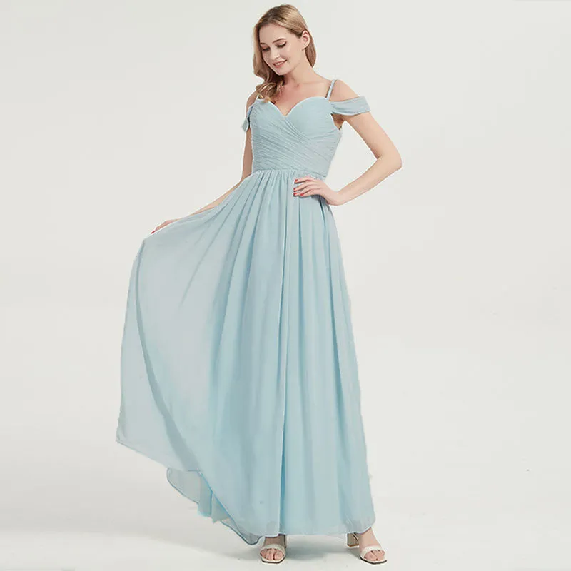 Eucalyptus Spaghetti Straps Pleated Chiffon Maxi Bridesmaid Dress