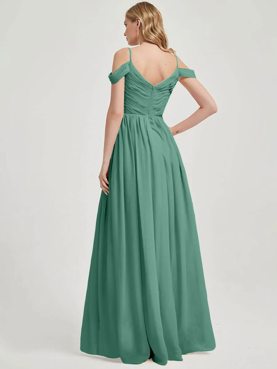 Eucalyptus Spaghetti Straps Pleated Chiffon Maxi Bridesmaid Dress