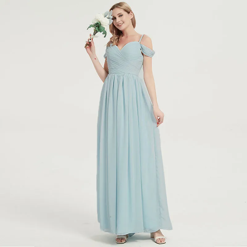 Eucalyptus Spaghetti Straps Pleated Chiffon Maxi Bridesmaid Dress