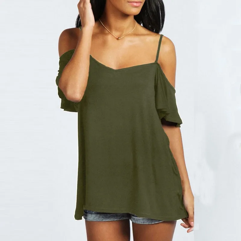 Fashion Shirt Women Slash Neck Casual Solid Stretch Short Sleeve Off Shoulder Top Tees Plus Size Tops