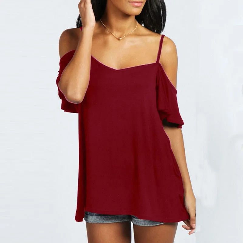 Fashion Shirt Women Slash Neck Casual Solid Stretch Short Sleeve Off Shoulder Top Tees Plus Size Tops