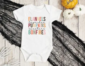 Flannels, Hayrides, Pumpkins, Sweaters, Bonfires Baby Bodysuit