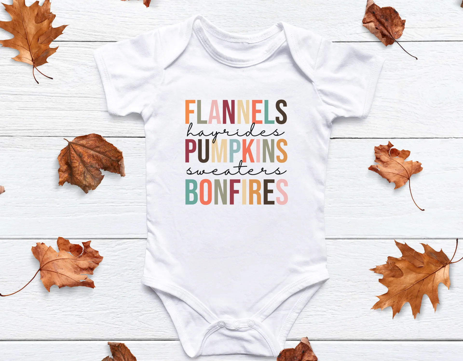 Flannels, Hayrides, Pumpkins, Sweaters, Bonfires Baby Bodysuit