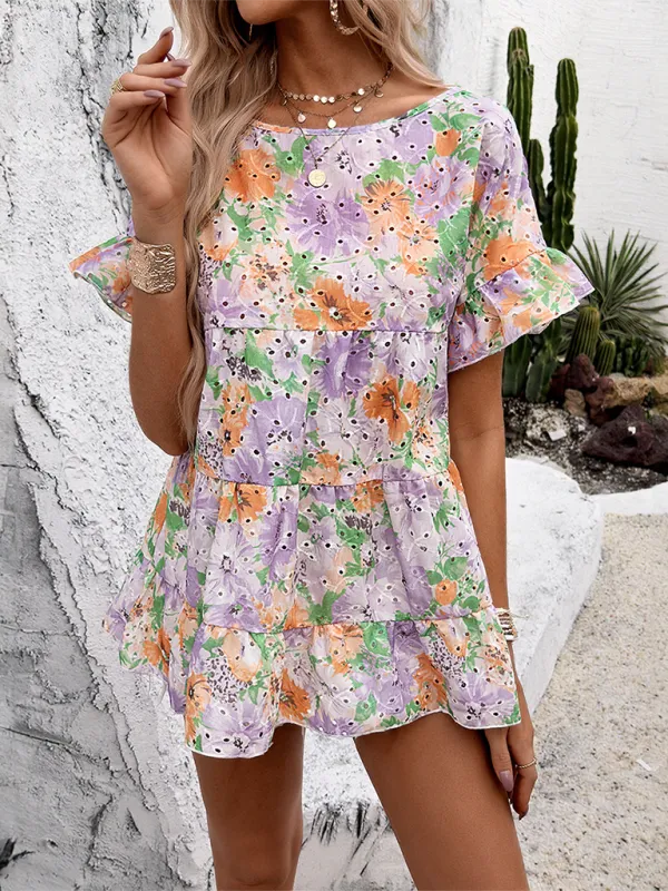 Floral Print Resort Dress with Puff Sleeves and Tiered Skirt