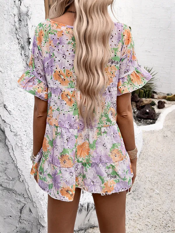 Floral Print Resort Dress with Puff Sleeves and Tiered Skirt