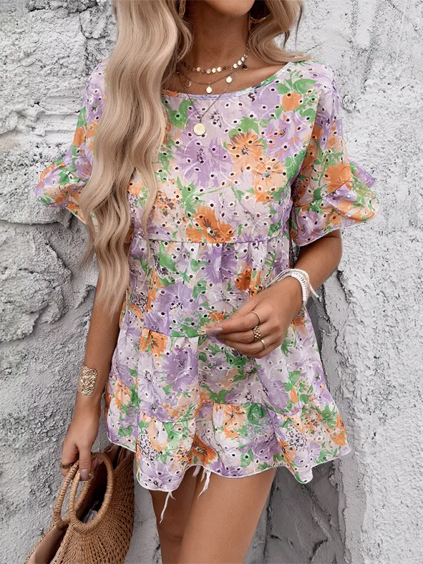 Floral Print Resort Dress with Puff Sleeves and Tiered Skirt