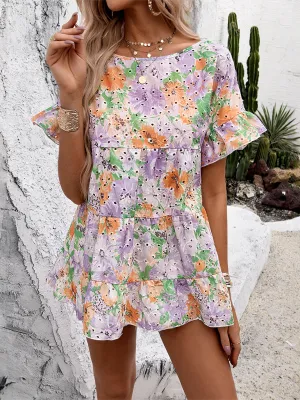Floral Print Resort Dress with Puff Sleeves and Tiered Skirt