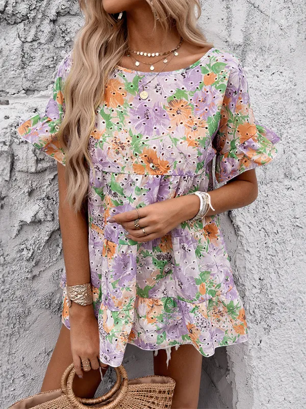 Floral Print Resort Dress with Puff Sleeves and Tiered Skirt
