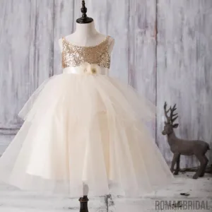 Gold Sequin Top Tulle Flower Girl Dresses, Lovely Tutu Dresses for Little Girl, FG052