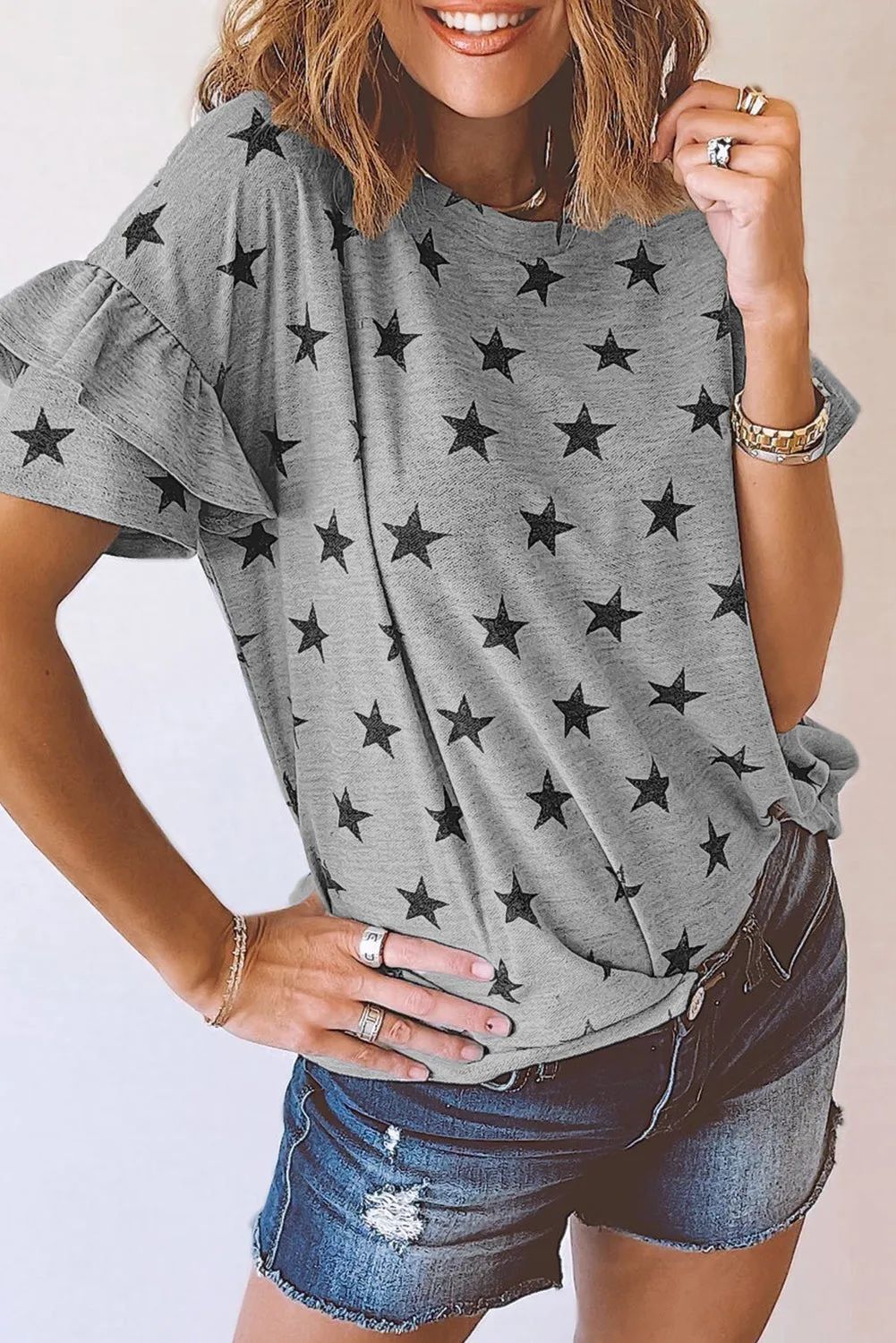 Gray Star Print Tiered Ruffled Sleeve Crew Neck T Shirt