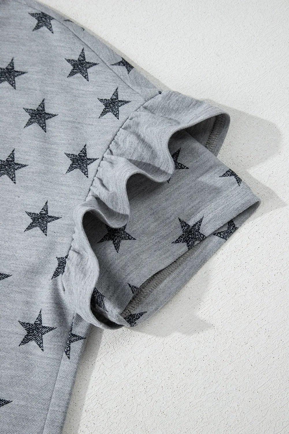 Gray Star Print Tiered Ruffled Sleeve Crew Neck T Shirt