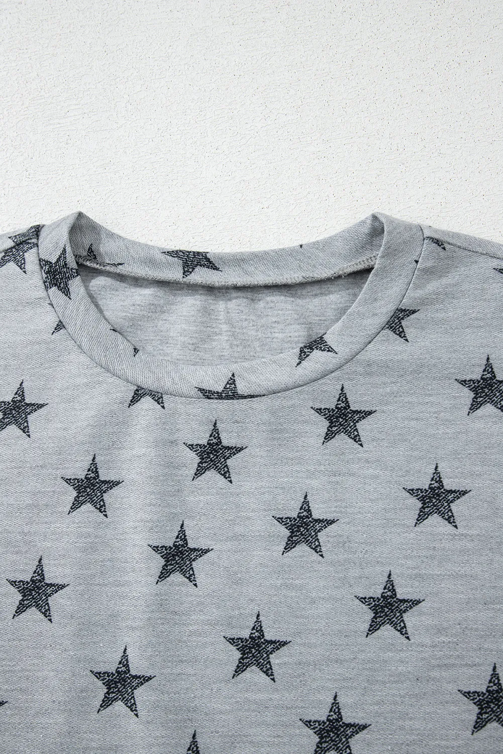 Gray Star Print Tiered Ruffled Sleeve Crew Neck T Shirt