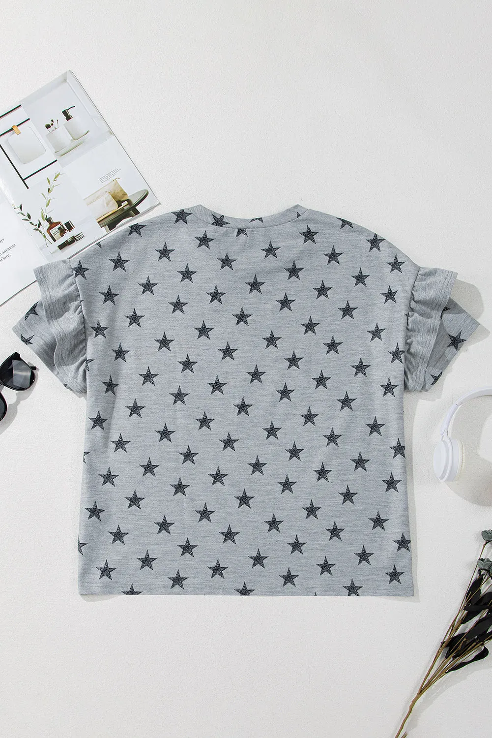 Gray Star Print Tiered Ruffled Sleeve Crew Neck T Shirt