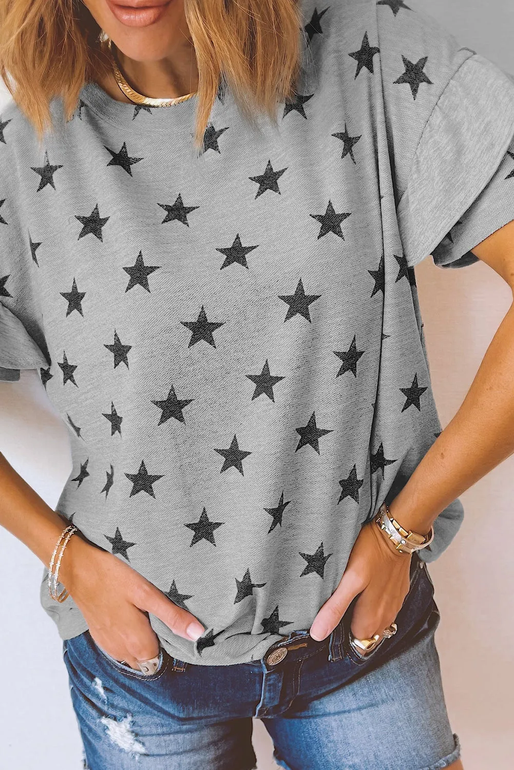 Gray Star Print Tiered Ruffled Sleeve Crew Neck T Shirt