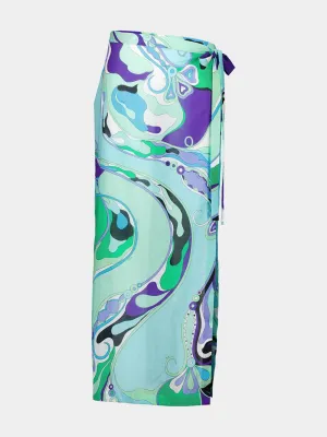 Green and Lilac Orchidee-Print Cotton Wrap Skirt