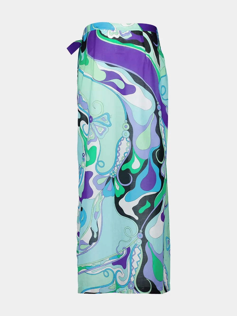 Green and Lilac Orchidee-Print Cotton Wrap Skirt