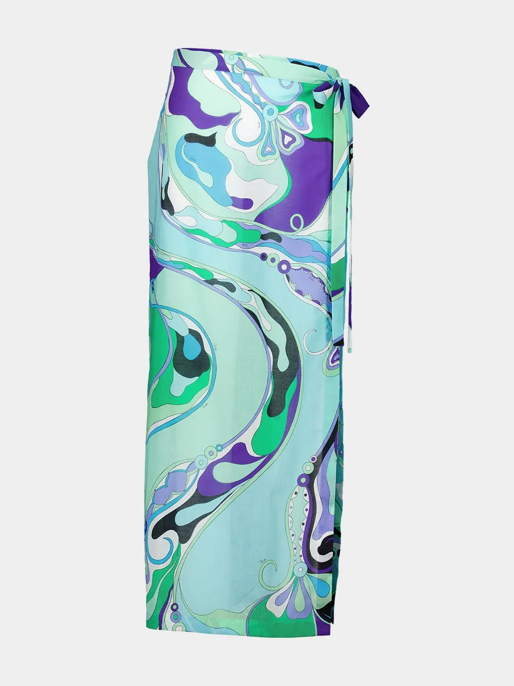Green and Lilac Orchidee-Print Cotton Wrap Skirt