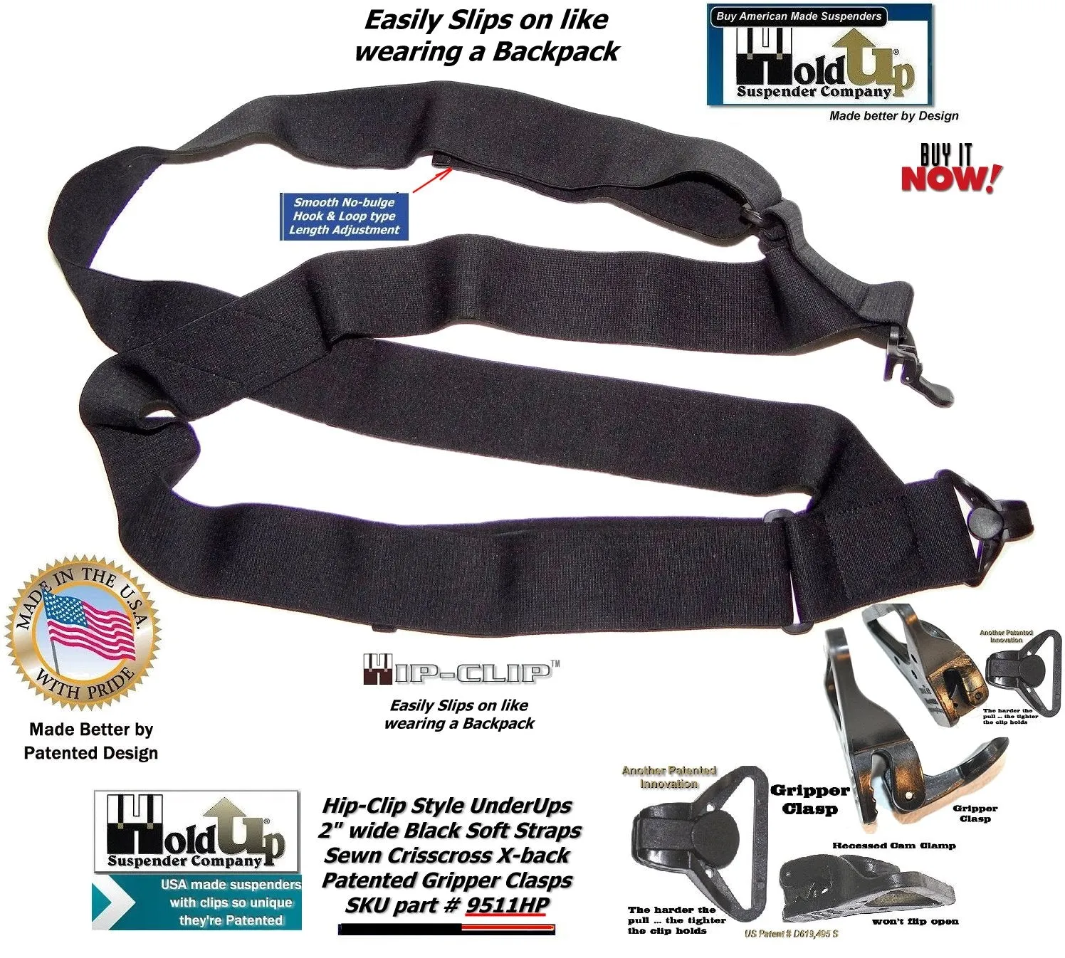 HoldUps Brand Black 2" Wide Under-Up Series Super Soft Suspenders with Patented Jumbo Black Gripper Clasp