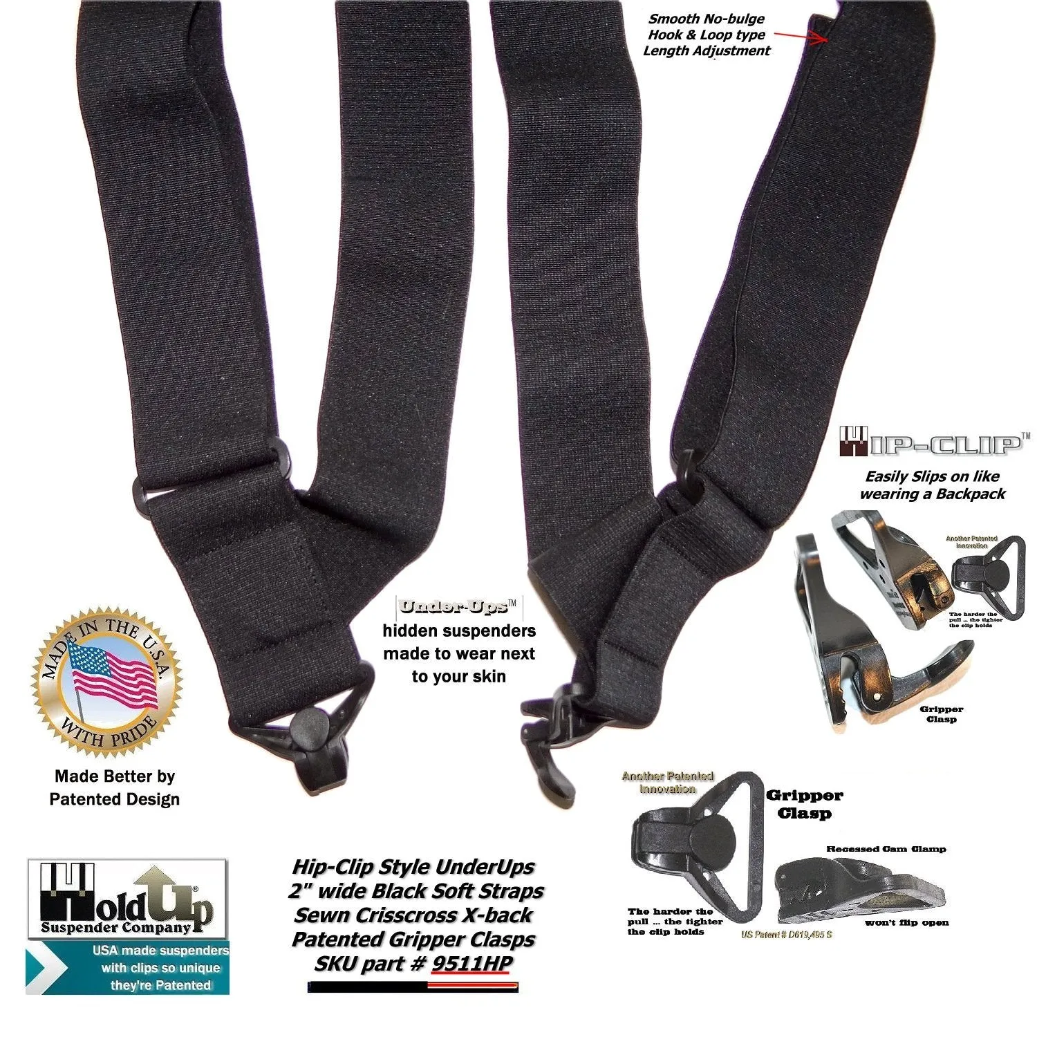 HoldUps Brand Black 2" Wide Under-Up Series Super Soft Suspenders with Patented Jumbo Black Gripper Clasp