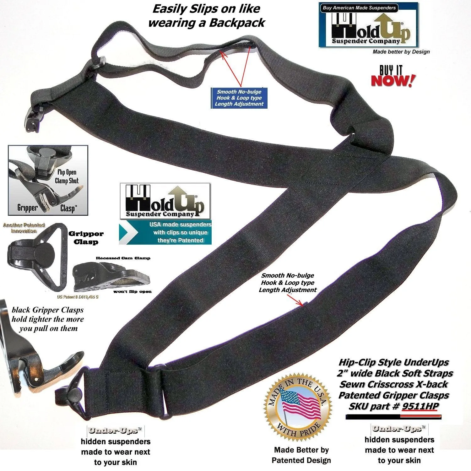 HoldUps Brand Black 2" Wide Under-Up Series Super Soft Suspenders with Patented Jumbo Black Gripper Clasp