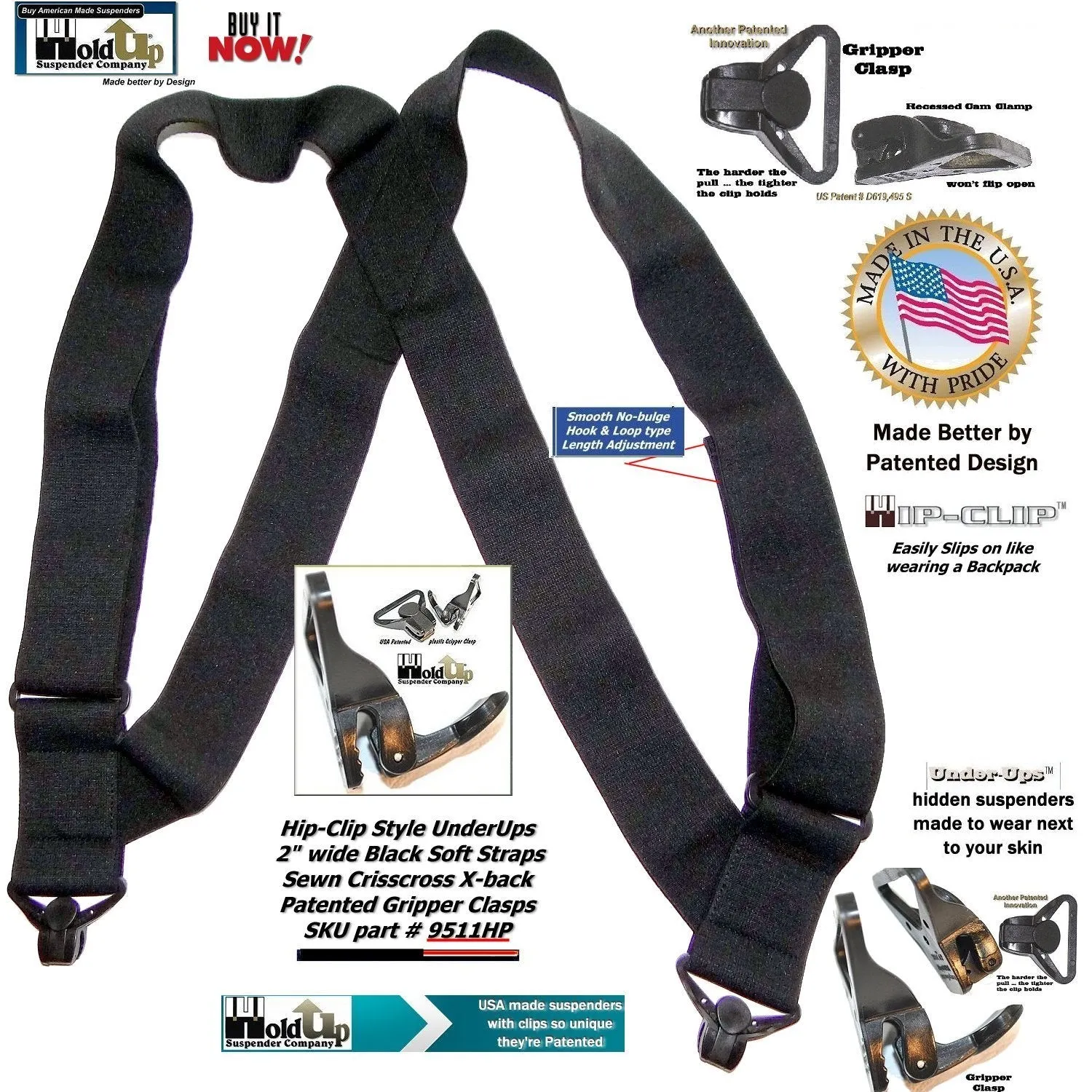 HoldUps Brand Black 2" Wide Under-Up Series Super Soft Suspenders with Patented Jumbo Black Gripper Clasp