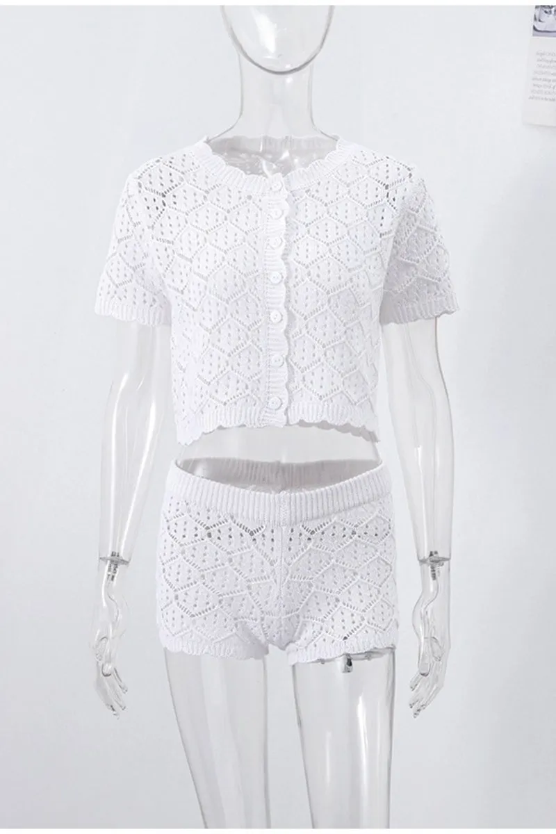 HUZ1316 Boho Lace Knit Shorts Set