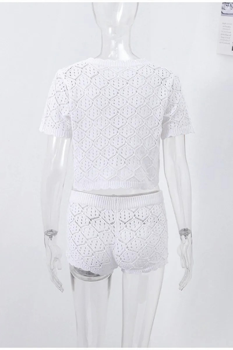 HUZ1316 Boho Lace Knit Shorts Set