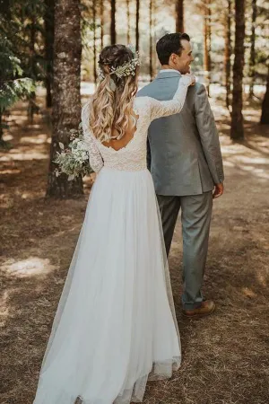 Ivory Tulle Lace A-line Long Sleeves Wedding Dresses With Sweep Train, SW452
